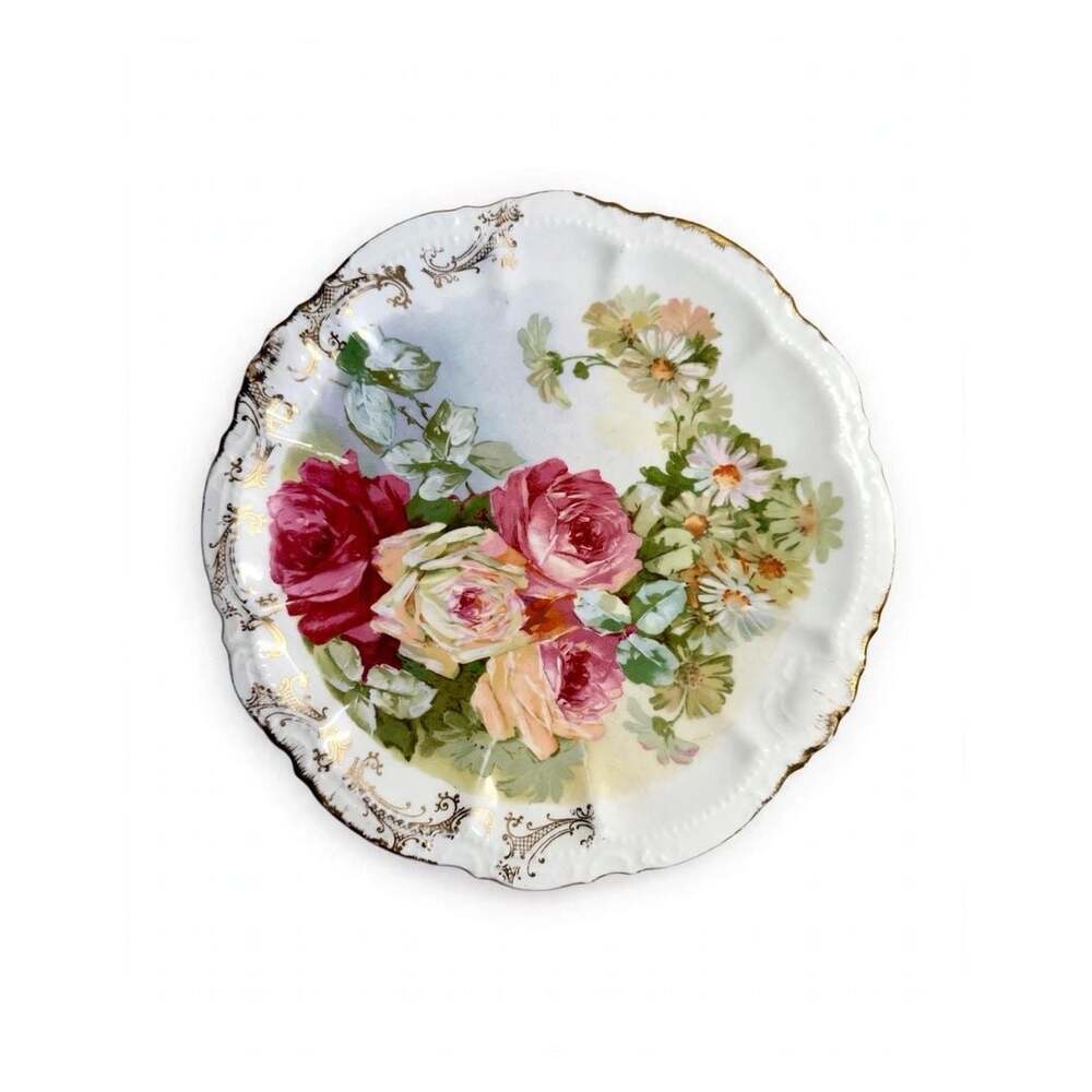 Antique Bavaria Porcelain Rose Plate Pink Roses Daisies Gold Gilt Scalloped 8in